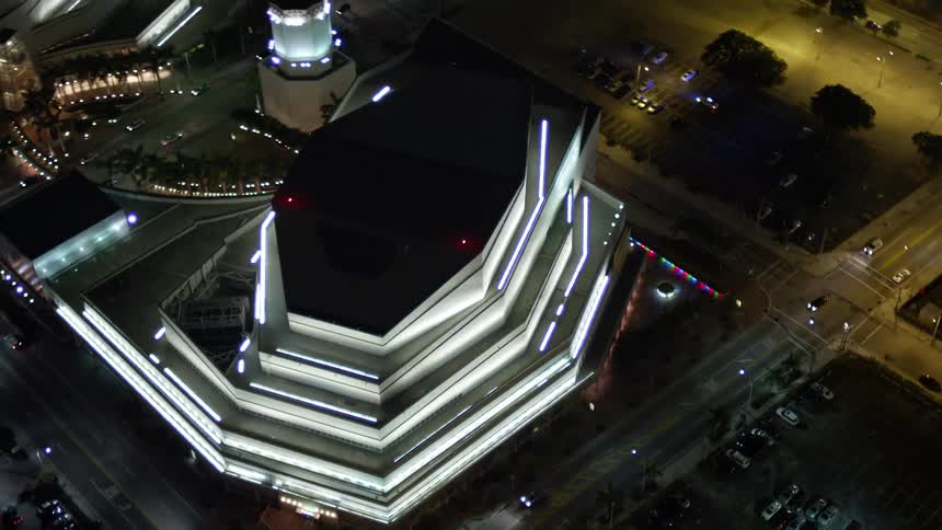 A birds eye view of the Adrienne Arsht Center for the Performing Arts in Downtown Miami at night showcasing the vibrant entertainment scene of Southern Florida