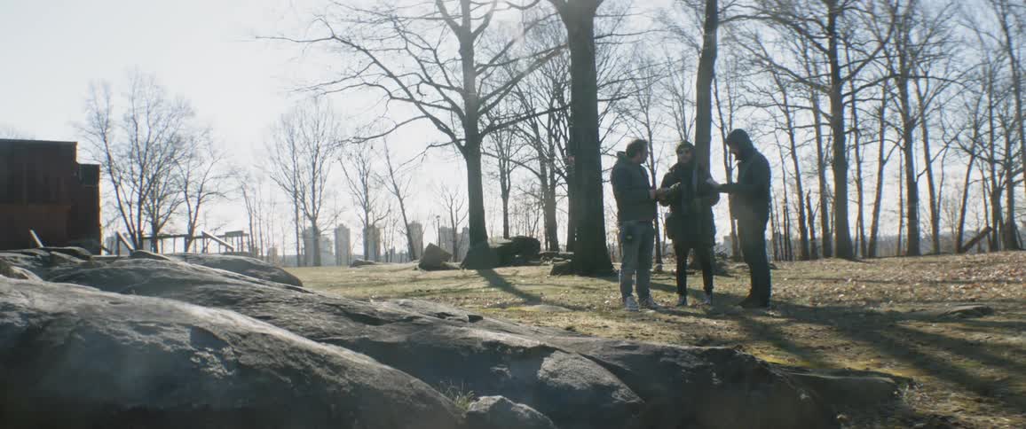 Several people stand outside in the woods talking