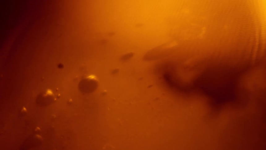 Globular blob containing particles flows through orange fluid leaving a trail