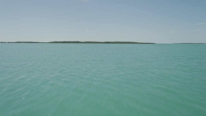Approaching mangroves on the shore of Key Largo Florida while flying low over water in a 5K aerial shot