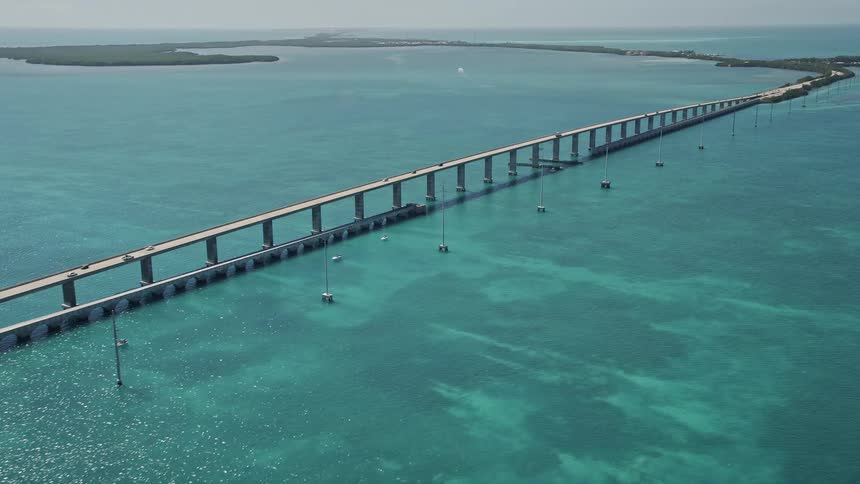 Approaching the Overseas Highway bridge to Fiesta Key in Florida via an aerial view in the summer