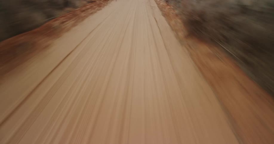 A drone view of a dirt road with vegetation on either side and a fence along the road