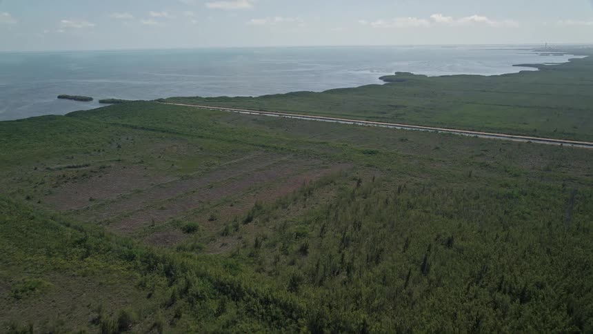 Aerial footage flying over Homestead Florida revealing Mangrove Preserve canal and coastline during a sunny day