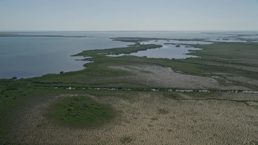 A sunny aerial view follows the camera as it approaches the shoreline of Little Card Sound Homestead with trees a bridge and mangroves visible in the footage