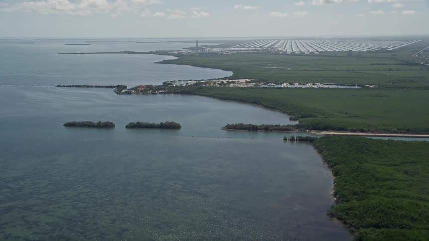 Aerial view of the Mangrove Preserve Homestead Bayfront Park and Turkey Point Power Plant on the coast of Homestead Florida during summertime