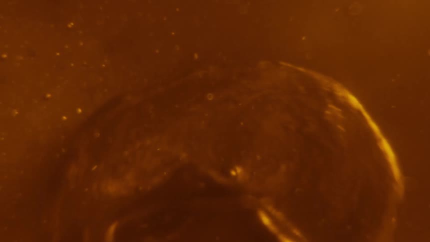 A blob of viscous liquid is suspended in an aqueous environment as it pulses and swirls