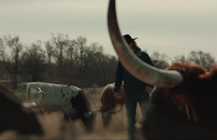 A man in a cowboy had sprinkles feed on the ground for his livestock