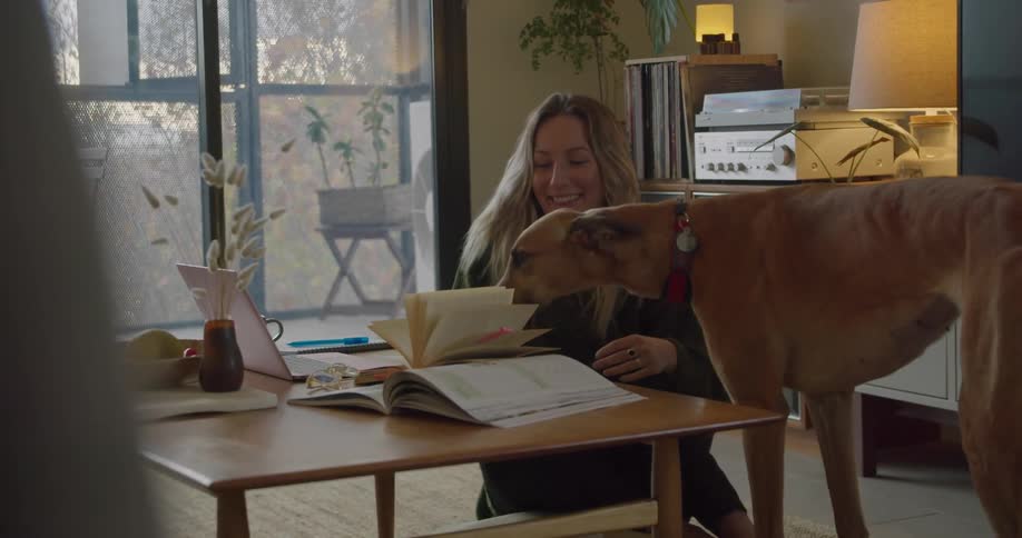 A woman sitting on the floor at the coffee table with her laptop and books plays with her dog