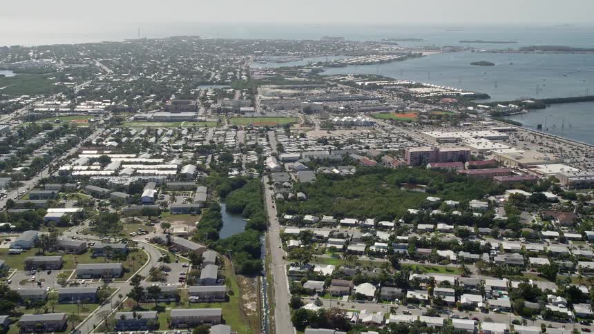An aerial view of Poinciana Mobile Home Park in Key West Florida captured during a sunny day