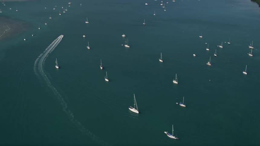 A aerial clip of sailboats moored off the shore of Key West Florida during summertime