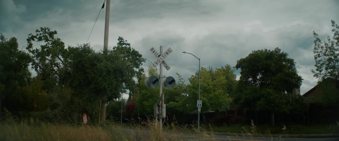 A railroad crossing sign is located along the side of a residential street