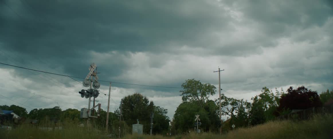 Train tracks move across field between fenced houses on overcast day