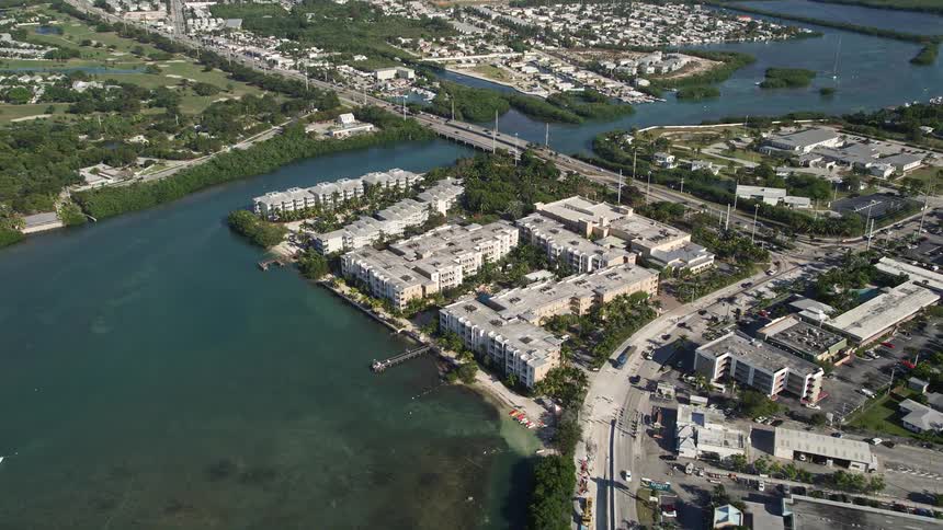 Aerial view of approaching Stock Island Key West Florida shoreline from the Gulf Coast