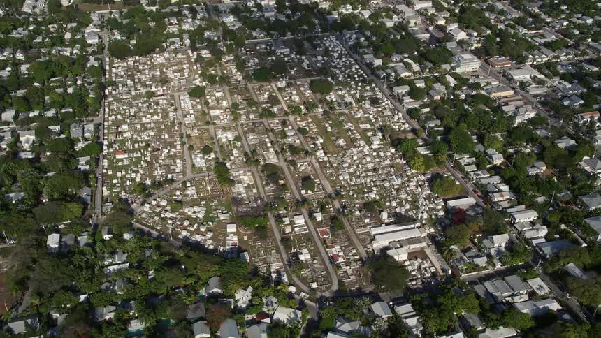 A 5K aerial shot of Key West Cemetery a sunny and spiritual resting place in Florida