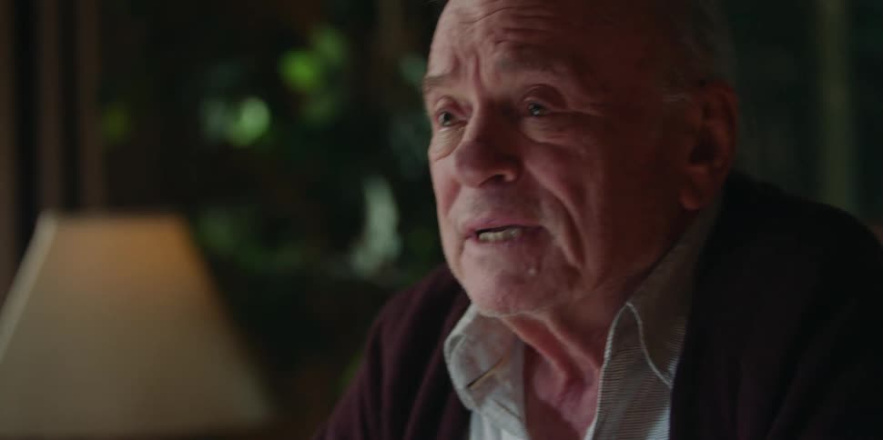 An elderly man at home talks with someone and moves his hand around