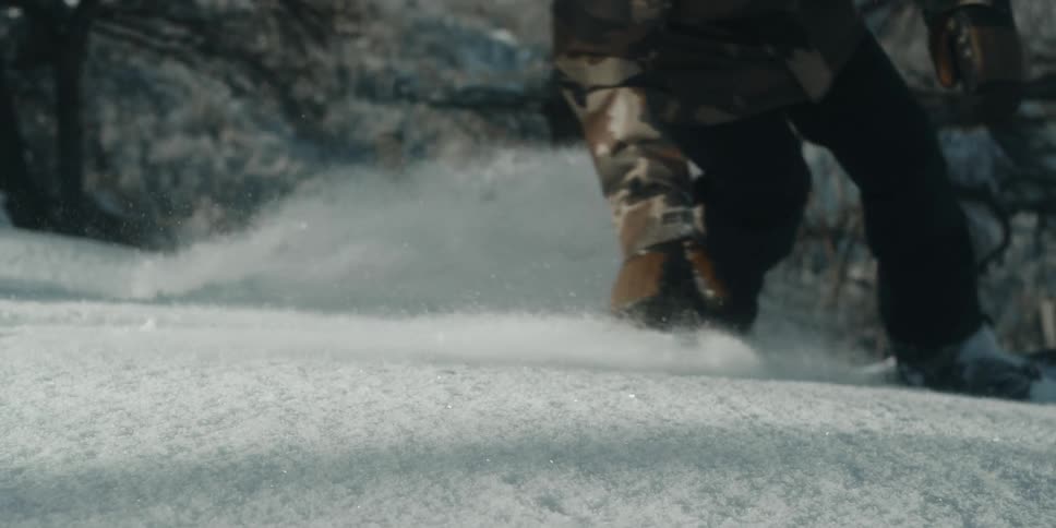 A man is snowboarding through a wooded area