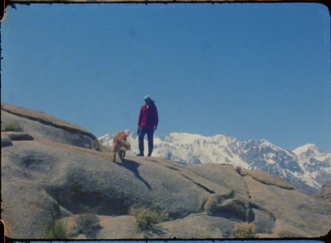 A man tells his dog to go down the rocks and he sits down