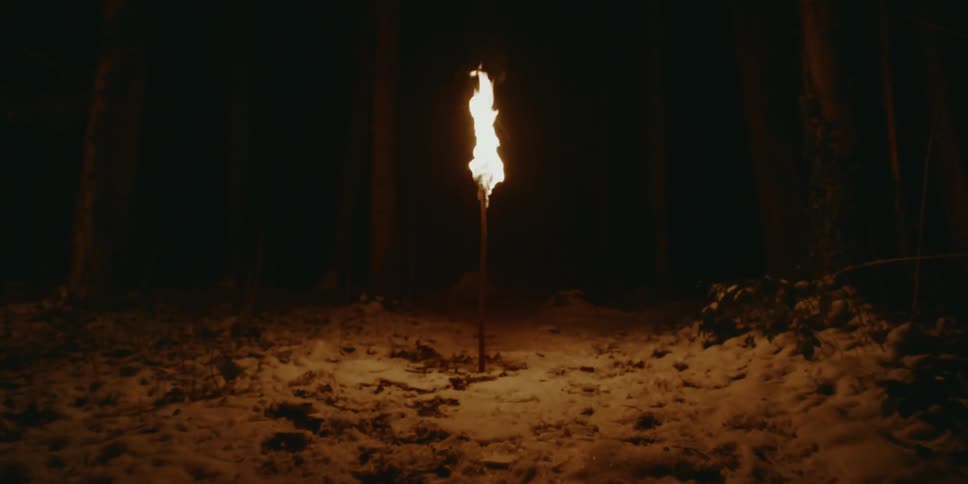 Moving toward a lone flaming torch standing upright in the ground at nighttime in the forest