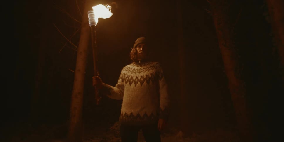 A man stands in a clearing amidst the trees while holding a torch
