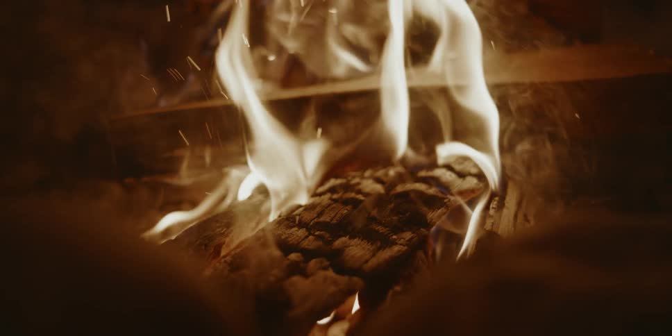 Chunks of wood burn in a fire