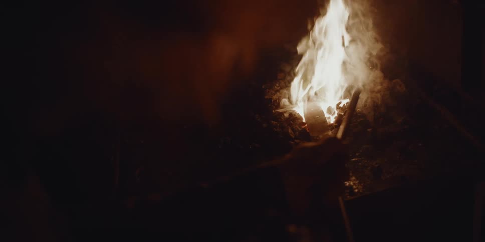 A person is outdoors near a bonfire at night time
