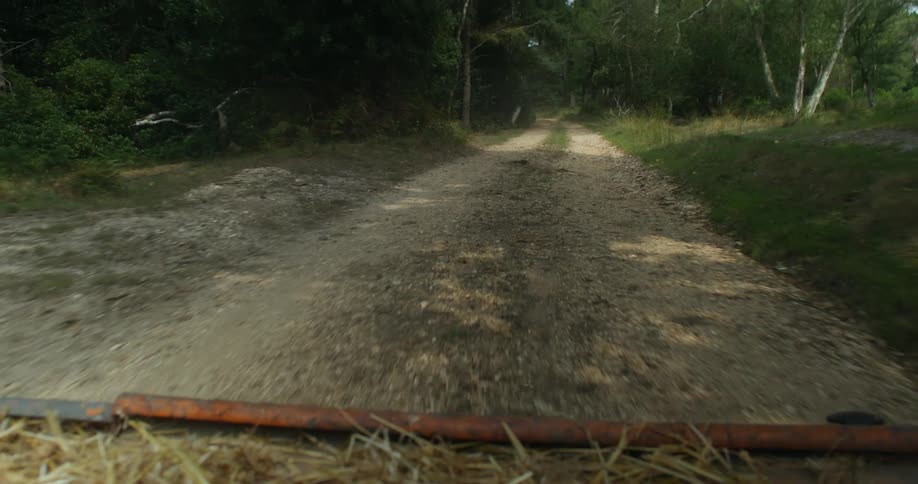 Dry grass and hay fall from the back of a truck traveling on a rural dirt road with woods in the distance