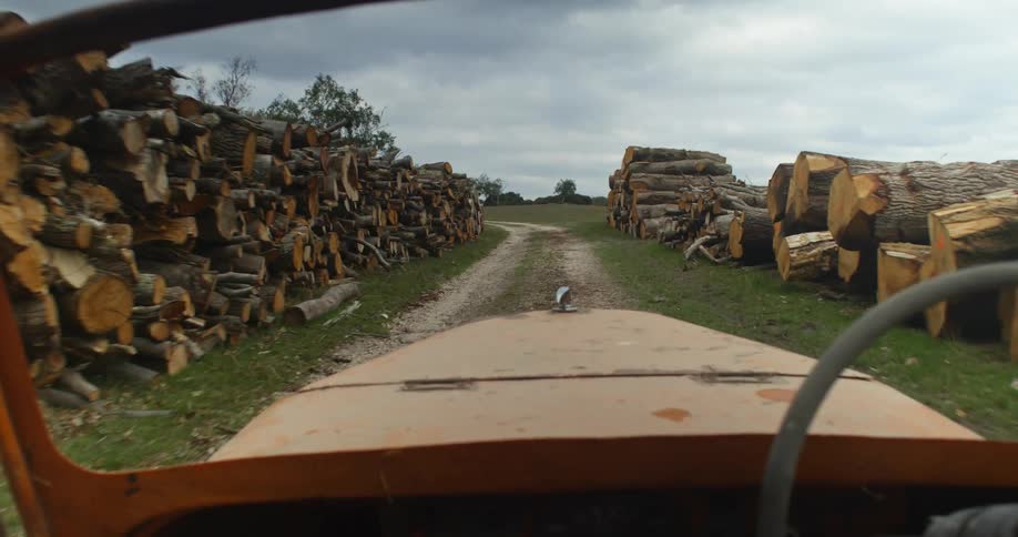 Vehicle drives past cut logs on farmland on cloudy day