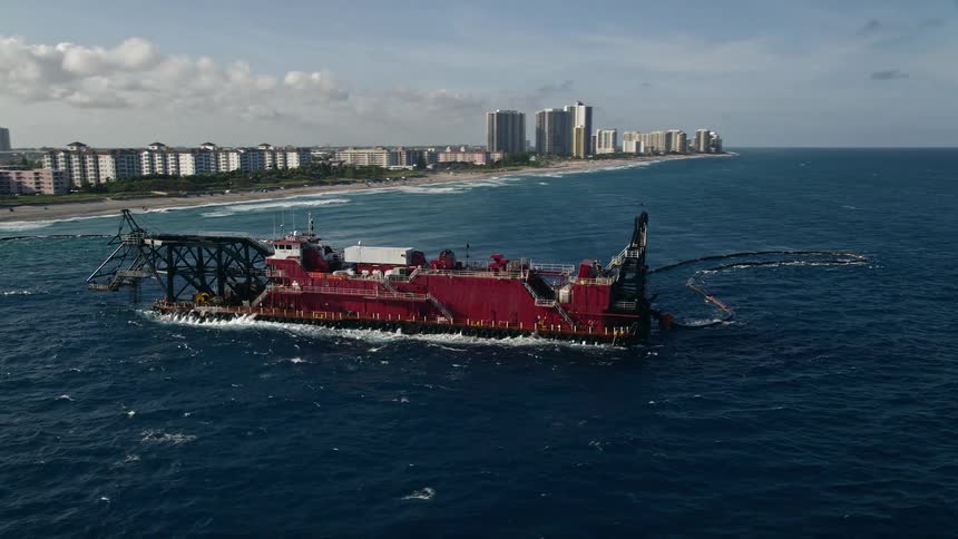 Aerial footage of a dredging ship orbiting the coast of Palm Beach Shores Florida revealing the shoreline and maritime transportation