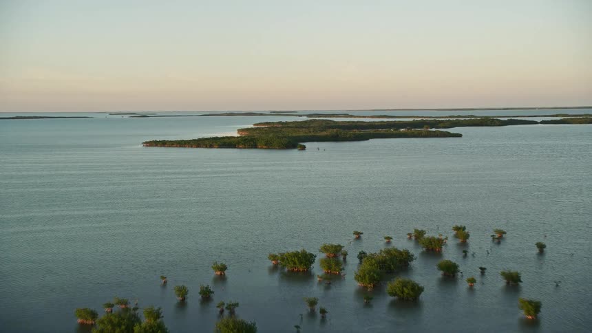 An aerial shot of sunset over mangroves with the Florida Keys visible in the distance captured in Islamorada Florida during summer