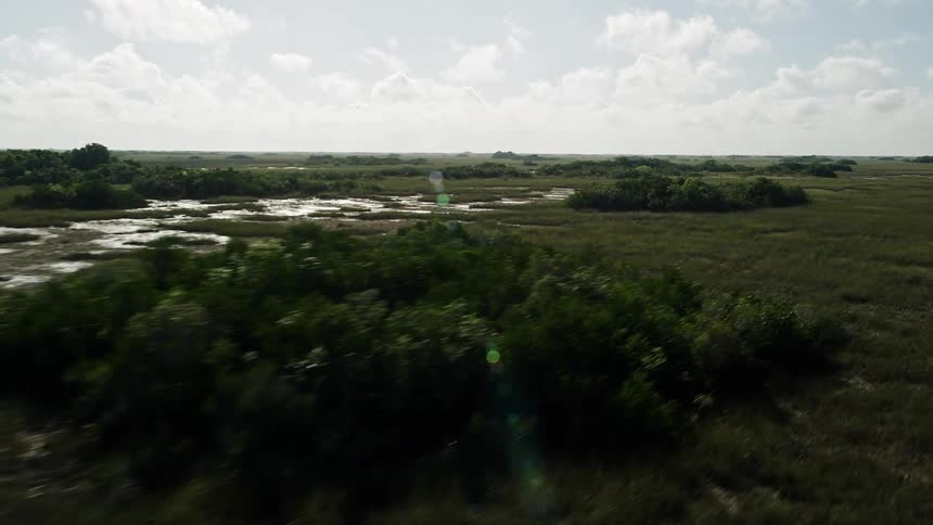 Aerial view of marshland and wetlands as seen from above in the Florida Everglades