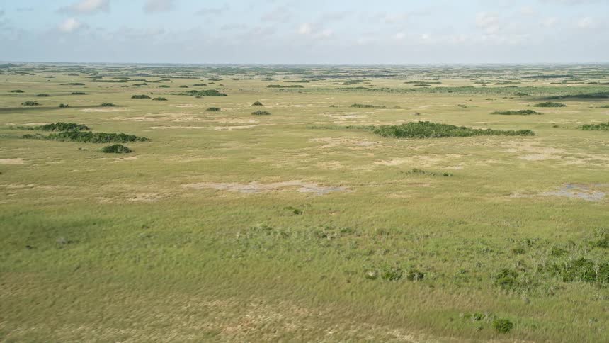 An aerial view of marshland in Floridas Everglades with partly cloudy skies