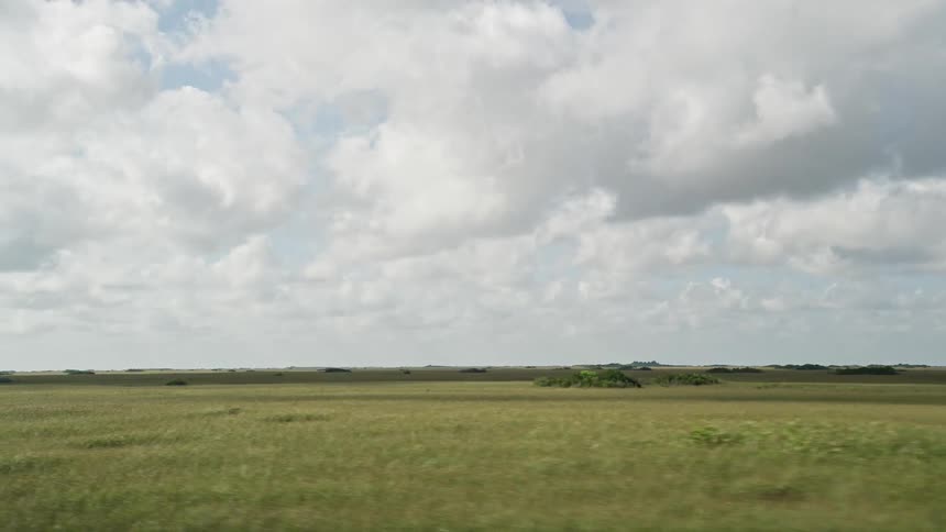 A breathtaking aerial view hovering above the marshlands of the famous Florida Everglades as the drone flies low amidst the clouds