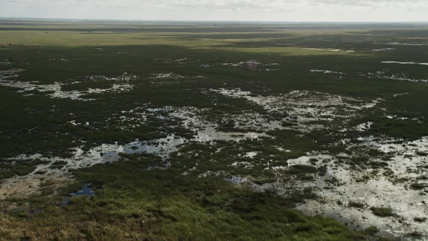 Flying over marshland with a wide view showcasing the beautiful wetlands and cloudy skies in the Florida Everglades