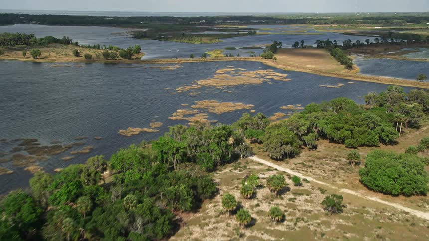 An aerial flyover of Johns Lake towards trees on the shoreline during a partly cloudy day in Florida