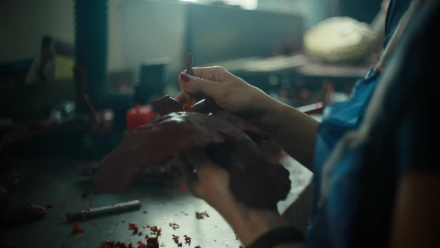 Woman sculpts bird from clay while standing at workbench in workshop