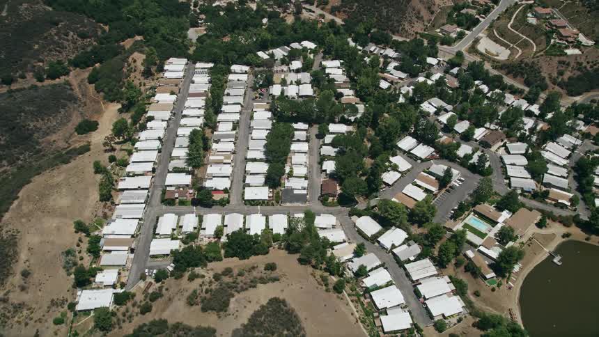 An aerial view of a sunny mobile home park in Agoura Hills California
