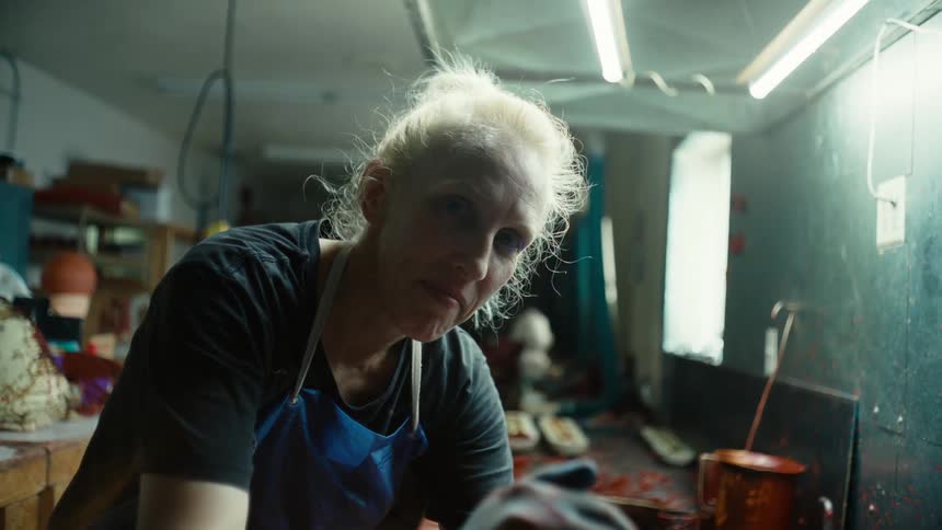 Close up of the face of a sculptor working on her workshop looking at the camera