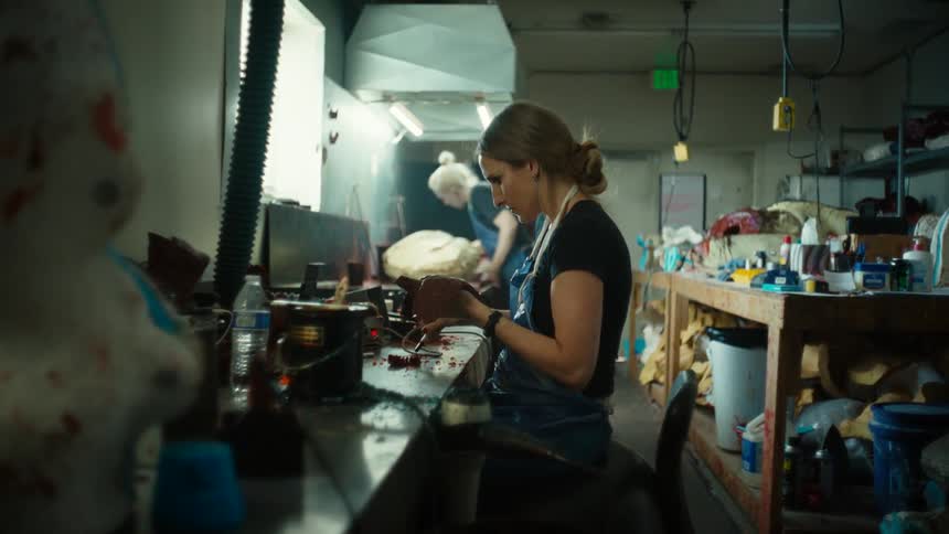 Two woman working in a room together one woman closer as she uses a small tool to manipulate a product