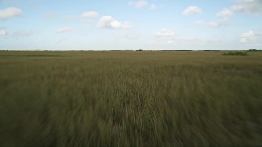 Fly over Floridas Everglades marshland on a partly cloudy day approaching the natural landmark low flying for a breathtaking aerial view of the wetlands