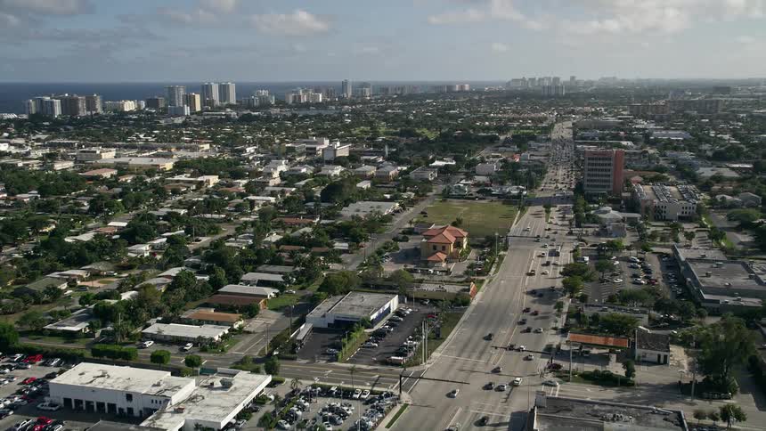 Aerial view of light traffic on North Federal Highway in Pompano Beach Florida during the day
