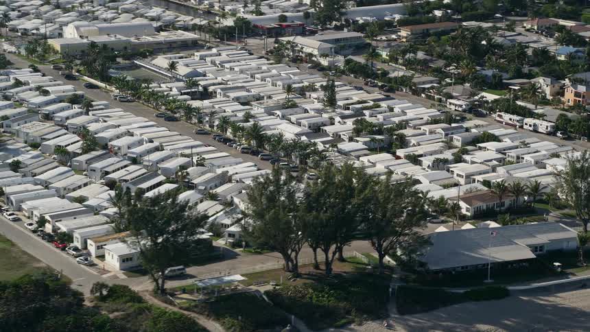 An aerial view of a mobile home park by the beach in Briny Breezes Florida