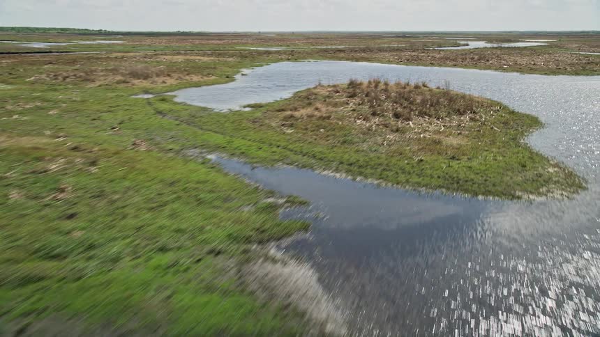 Fly-over of marshes and rivers in Cocoa Florida captures flocks of birds speedboats and wildlife with partly cloudy skies and a lush green landscape below
