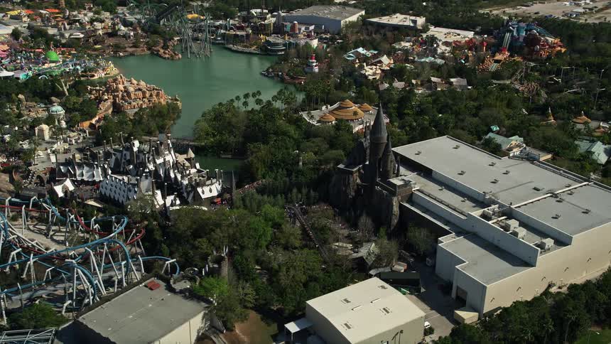 Aerial view of the Wizarding World of Harry Potter at Universal Studios Orlando during daytime with partly cloudy skies