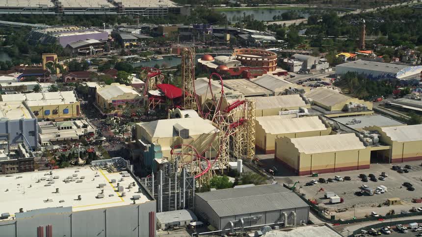 An aerial view of a roller coaster at Universal Studios Florida providing enjoyment and recreation for tourists and visitors