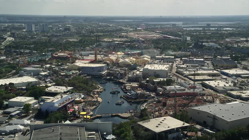 Aerial view of Universal Studios Florida theme park in Orlando Florida on a partly cloudy day