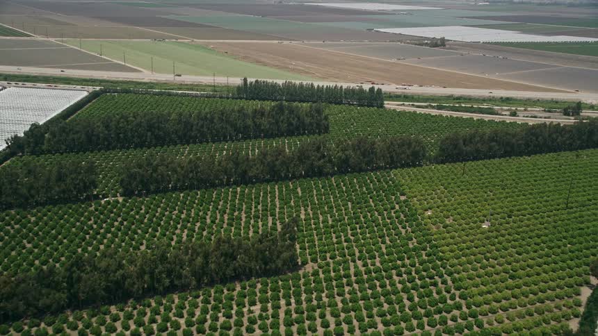 Aerial footage flying over farmland and greenhouses approaching South Lewis Road Camarillo California
