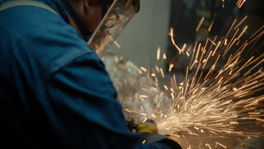 Sparks fly as a man wearing a welding helmet is working with metal