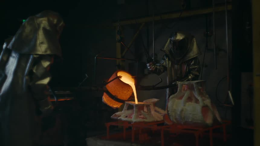 Two people wearing full body protective gear work in tandem to pour molten metal into molds in workshop