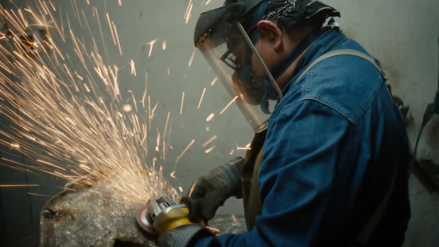 Man grinds metal object in workshop with power tool creating a shower of sparks