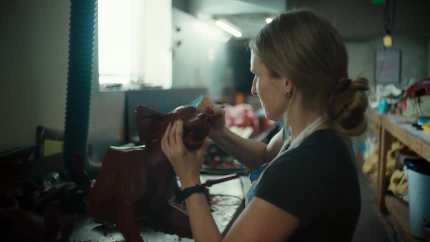 A woman in a workshop marks a sculpture of a pig